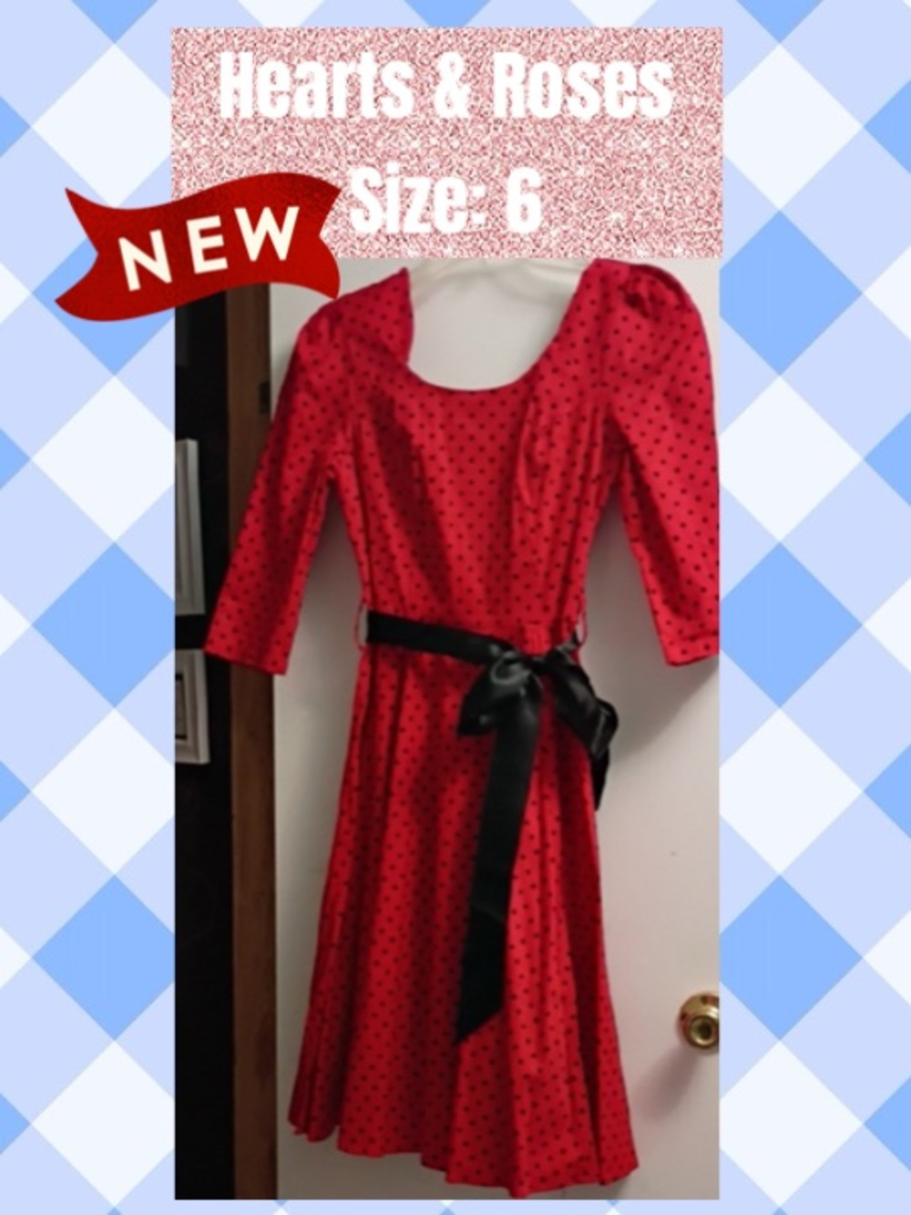 Red Polka Dot Long-Sleeve Fit & Flare Dress with Black Sash
